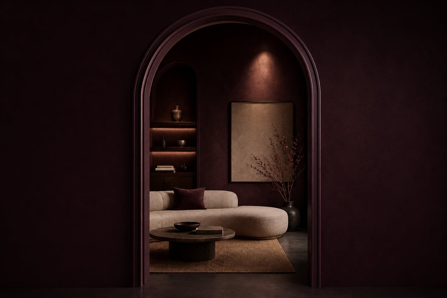 An arched doorway opening onto a plum-walled living room with a curved cream sofa