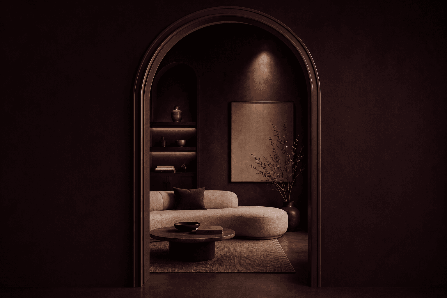 An arched doorway opening onto a plum-walled living room with a curved cream sofa